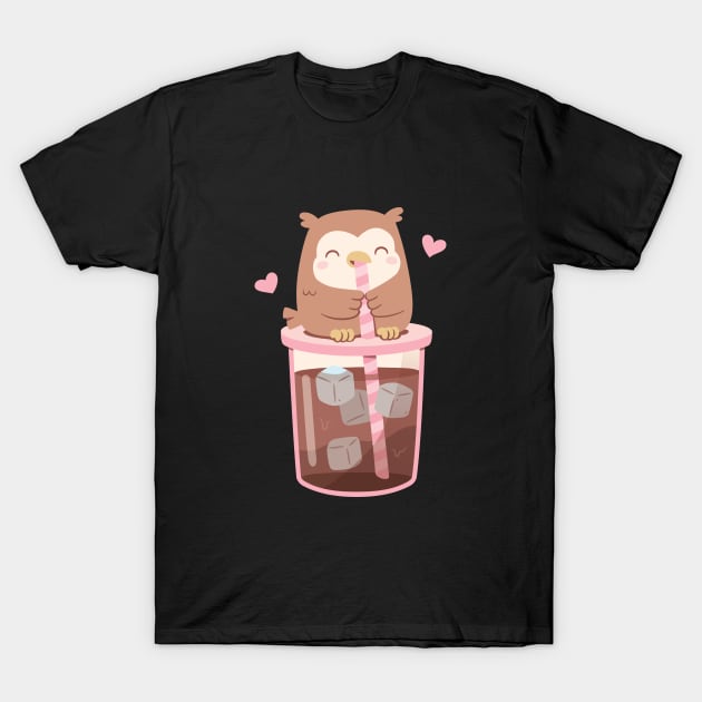 Cute Little Owl Enjoying Iced Coffee T-Shirt by rustydoodle